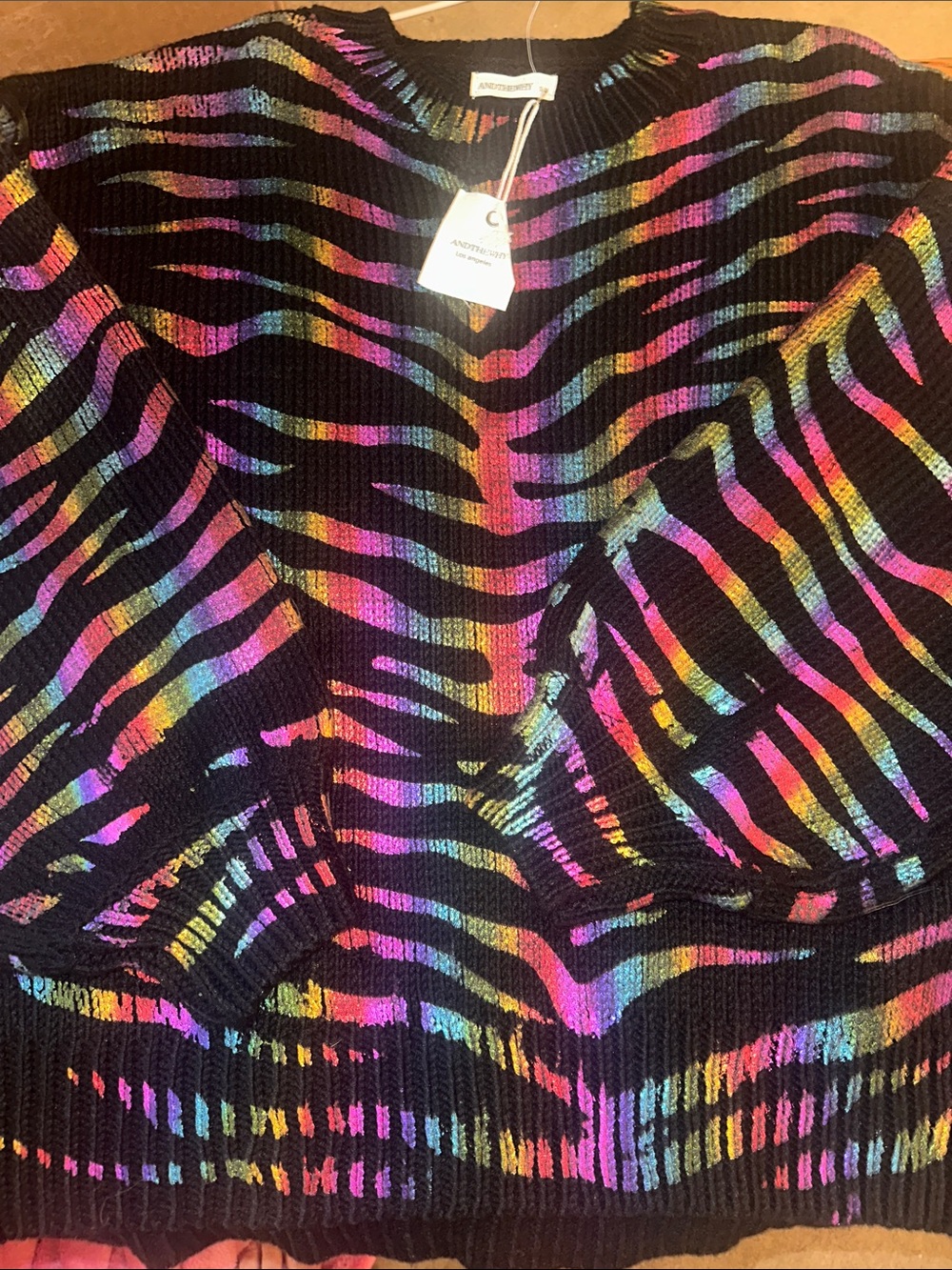 Black Rainbow Zebra-Stripe Knit Sweater
